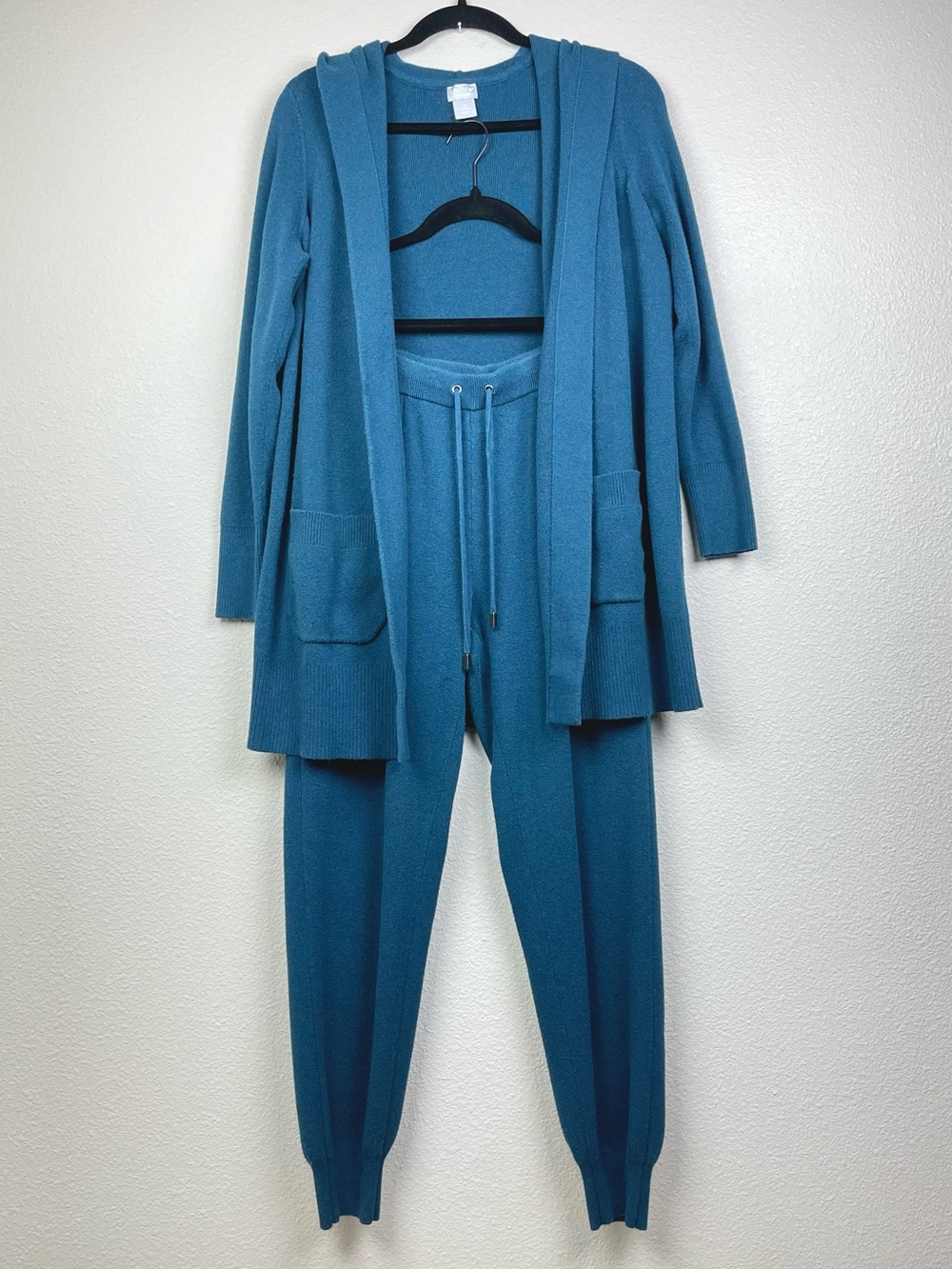 Chico's Women's Small 4 Teal Blue Knit Cardigan Joggers Set Cotton Cashmere